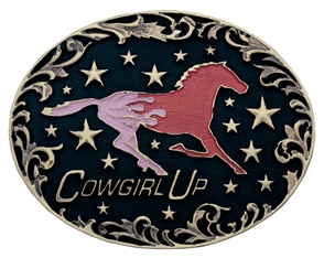 Cowgirl Up buckle with pink horse